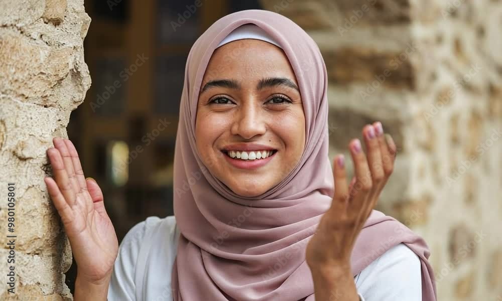 A young woman wearing a hijab, with a warm and welcoming smile, eyes shining with kindness. A young woman wearing a hijab, with a warm and welcoming smile, eyes shining with kindness.