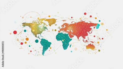 Abstract white background with Colorful business connection of line from nail node to node on world map background Innovation network points Earth's surface