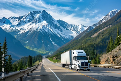 Big semi truck with refrigerator on the mountain highway road