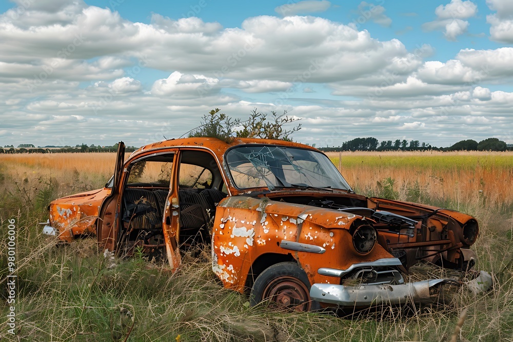 Fototapeta premium Abandoned old broken car without driver