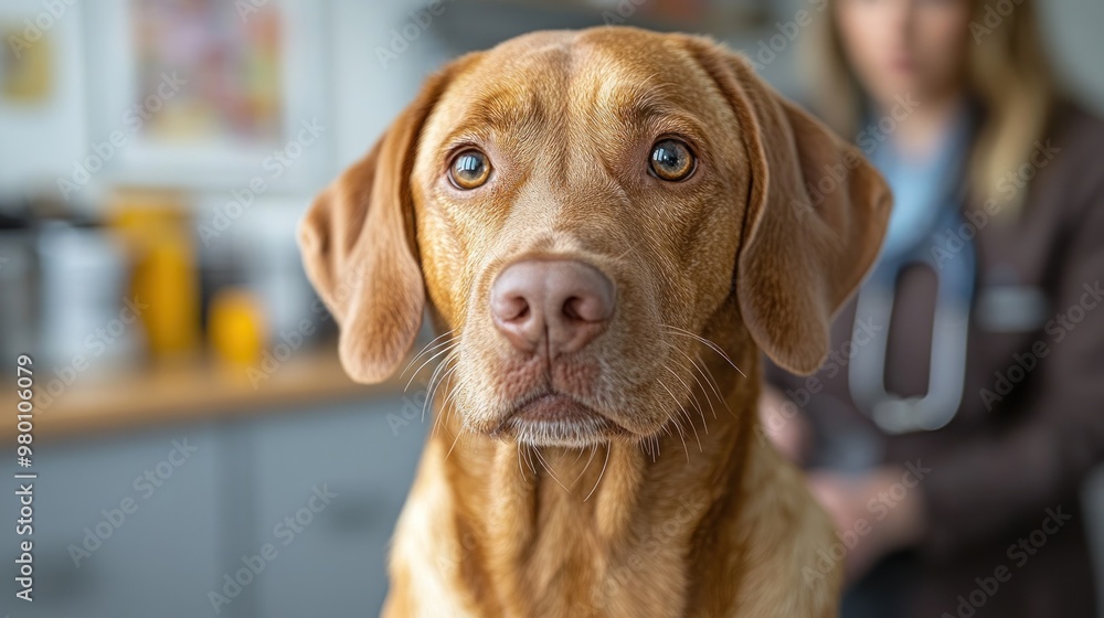 A close-up of a dog's face in a veterinary setting. A close-up of a dog's face in a veterinary setting.
