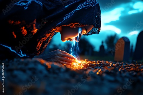 A ghostly woman weeping by a graveside, her tears evaporating before they hit the ground photo