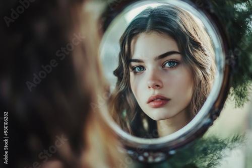 Beautiful young woman with wavy hair reflected in a round vintage mirror outdoors, dreamlike portrait concept