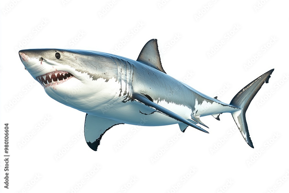 great white shark - Carcharodon carcharias - full view while swimming, face and teeth visible isolated on white background all fins and gills showing, ai great white shark - Carcharodon carcharias - full view while swimming, face and teeth visible isolated on white background all fins and gills showing, ai