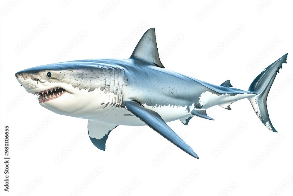 Obraz premium great white shark - Carcharodon carcharias - full view while swimming, face and teeth visible isolated on white background all fins and gills showing, ai