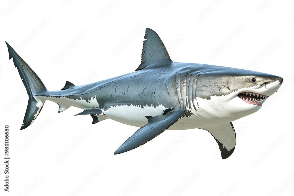 great white shark - Carcharodon carcharias - full view while swimming, face and teeth visible isolated on white background all fins and gills showing, ai great white shark - Carcharodon carcharias - full view while swimming, face and teeth visible isolated on white background all fins and gills showing, ai