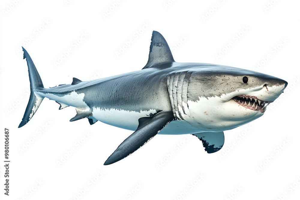 Naklejka premium great white shark - Carcharodon carcharias - full view while swimming, face and teeth visible isolated on white background all fins and gills showing, ai