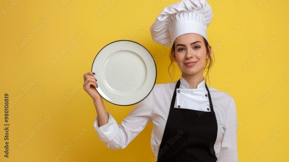 beautiful woman in chef suit holding a plate on yellow background beautiful woman in chef suit holding a plate on yellow background