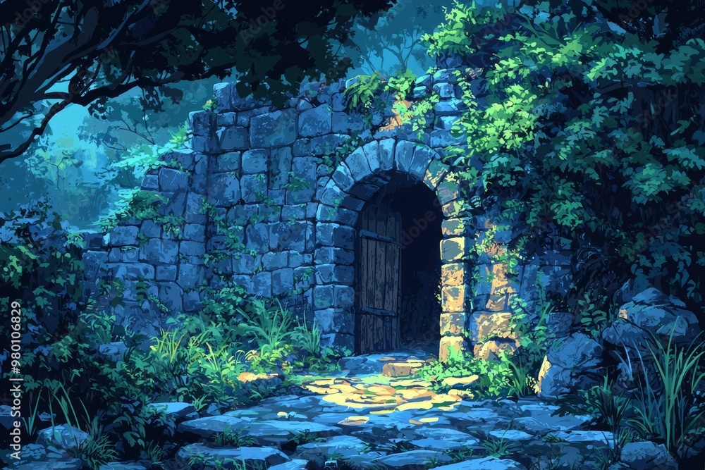 Fototapeta premium Stone Archway Entrance to a Dark Forest