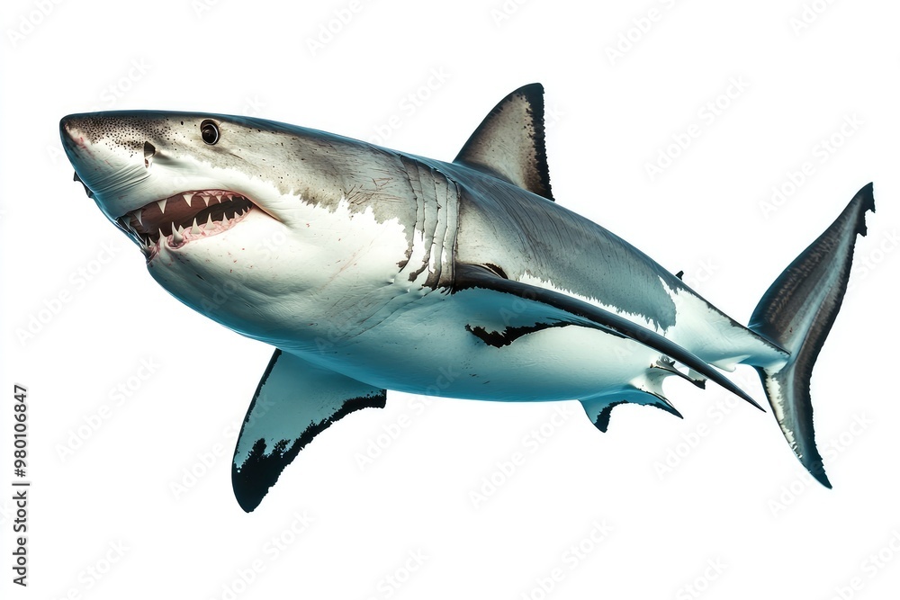 Fototapeta premium great white shark - Carcharodon carcharias - full view while swimming, face and teeth visible isolated on white background all fins and gills showing, ai