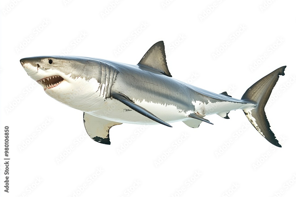 great white shark - Carcharodon carcharias - full view while swimming, face and teeth visible isolated on white background all fins and gills showing, ai great white shark - Carcharodon carcharias - full view while swimming, face and teeth visible isolated on white background all fins and gills showing, ai