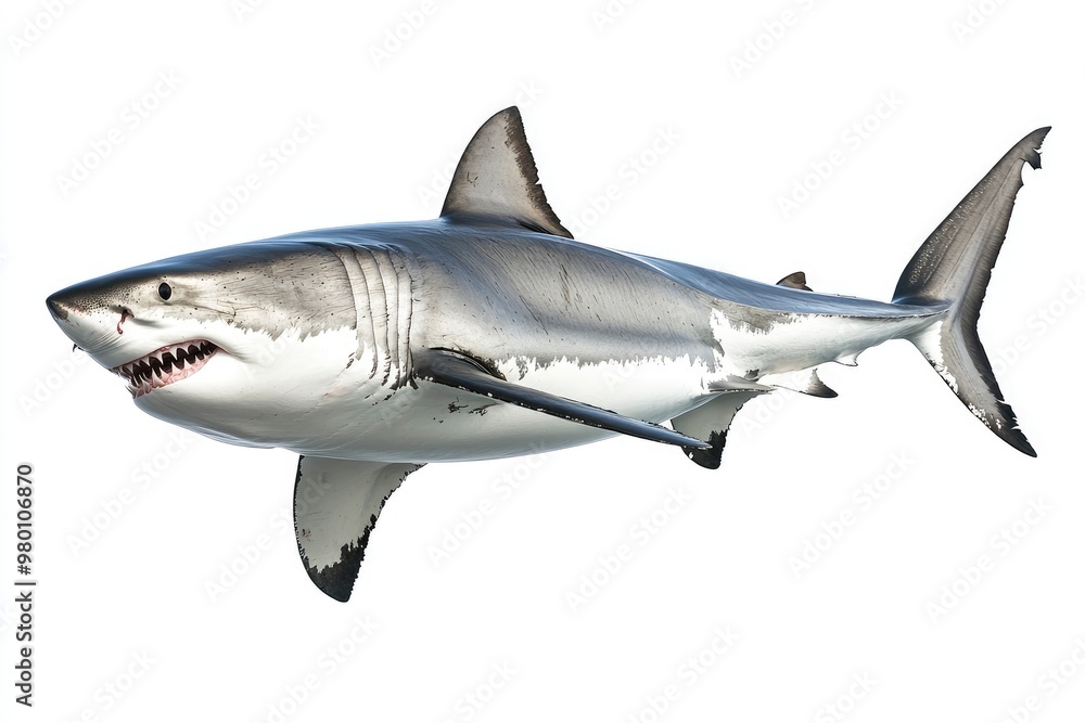 Fototapeta premium great white shark - Carcharodon carcharias - full view while swimming, face and teeth visible isolated on white background all fins and gills showing, ai