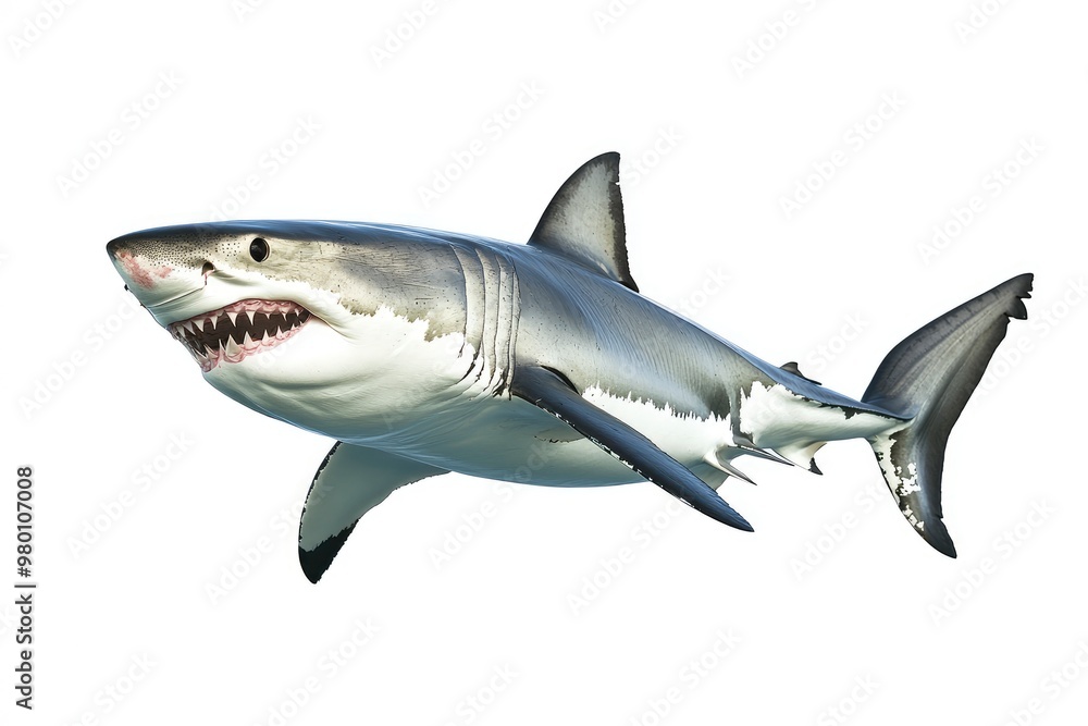 Fototapeta premium great white shark - Carcharodon carcharias - full view while swimming, face and teeth visible isolated on white background all fins and gills showing, ai