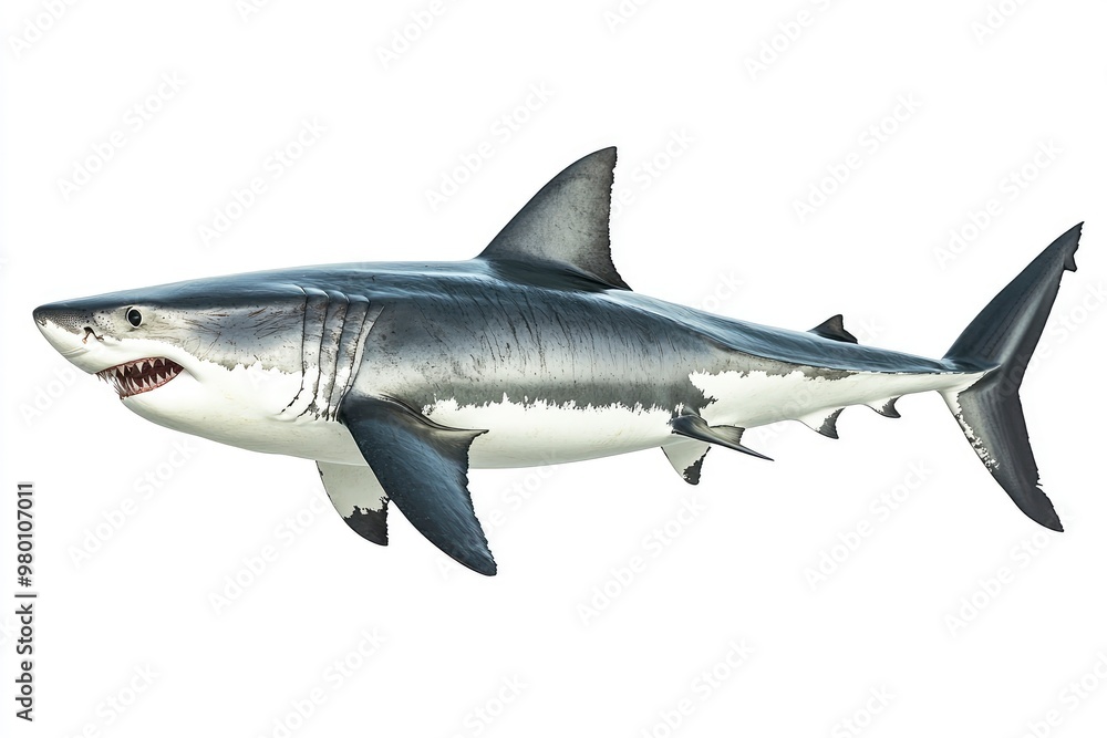 great white shark - Carcharodon carcharias - full view while swimming, face and teeth visible isolated on white background all fins and gills showing, ai great white shark - Carcharodon carcharias - full view while swimming, face and teeth visible isolated on white background all fins and gills showing, ai