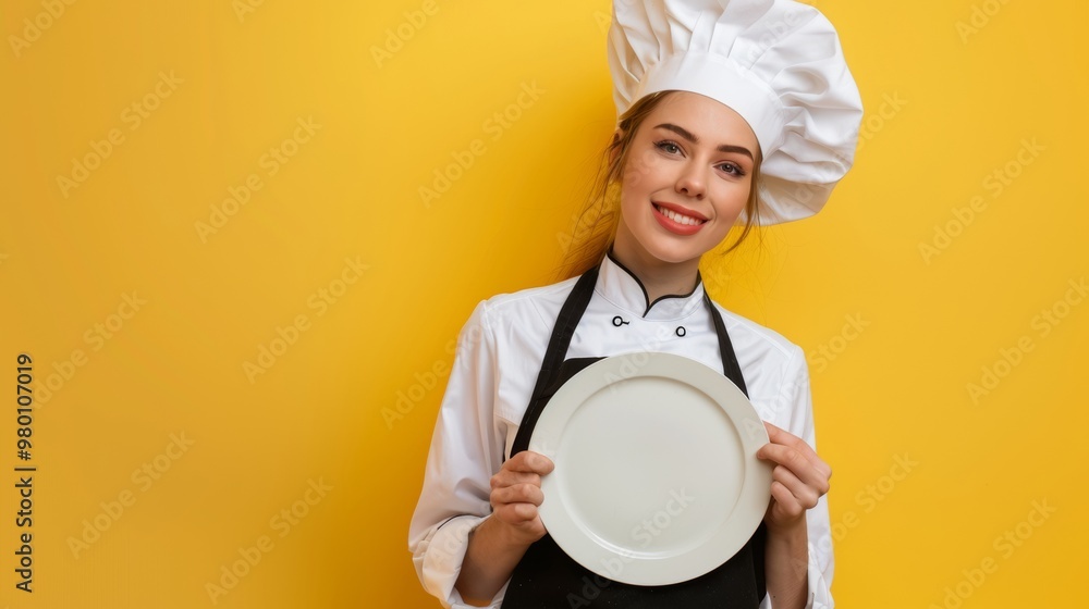 beautiful woman in chef suit holding a plate on yellow background beautiful woman in chef suit holding a plate on yellow background