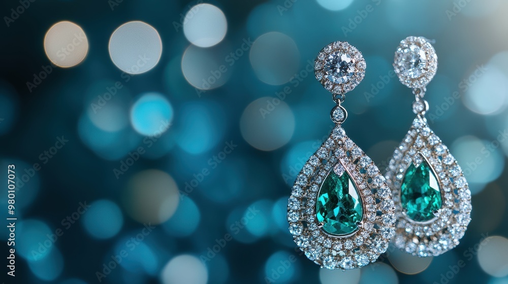 Opulent diamond and emerald earrings with a classic dangle-style silhouette and a brilliant sparkle with free copy space