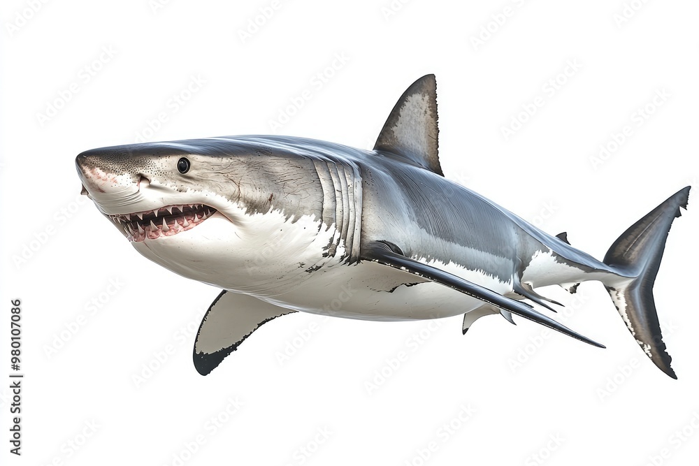 Fototapeta premium great white shark - Carcharodon carcharias - full view while swimming, face and teeth visible isolated on white background all fins and gills showing, ai