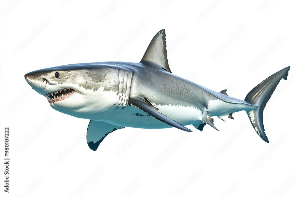 great white shark - Carcharodon carcharias - full view while swimming, face and teeth visible isolated on white background all fins and gills showing, ai great white shark - Carcharodon carcharias - full view while swimming, face and teeth visible isolated on white background all fins and gills showing, ai