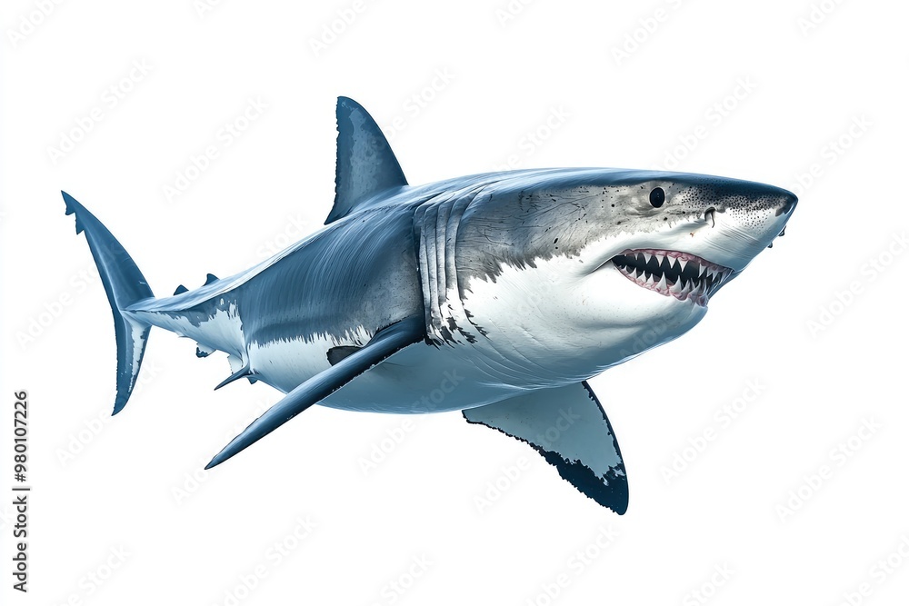 great white shark - Carcharodon carcharias - full view while swimming, face and teeth visible isolated on white background all fins and gills showing, ai great white shark - Carcharodon carcharias - full view while swimming, face and teeth visible isolated on white background all fins and gills showing, ai