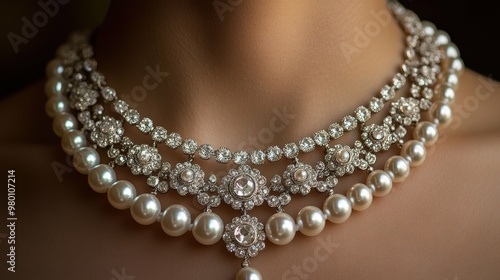 Elegant Regal Vintage Pearl and Crystal Necklace with Layered Design | Copy Space for Text | Luxurious Jewelry Accessory