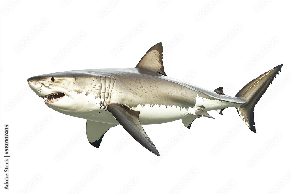 great white shark - Carcharodon carcharias - full view while swimming, face and teeth visible isolated on white background all fins and gills showing, ai great white shark - Carcharodon carcharias - full view while swimming, face and teeth visible isolated on white background all fins and gills showing, ai