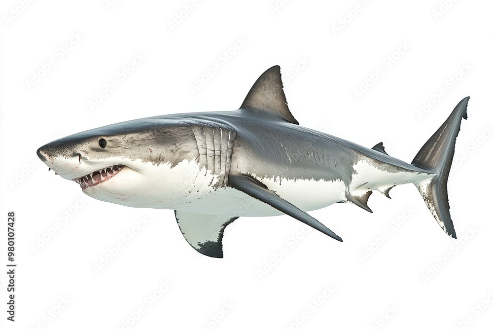 great white shark - Carcharodon carcharias - full view while swimming, face and teeth visible isolated on white background all fins and gills showing, ai great white shark - Carcharodon carcharias - full view while swimming, face and teeth visible isolated on white background all fins and gills showing, ai