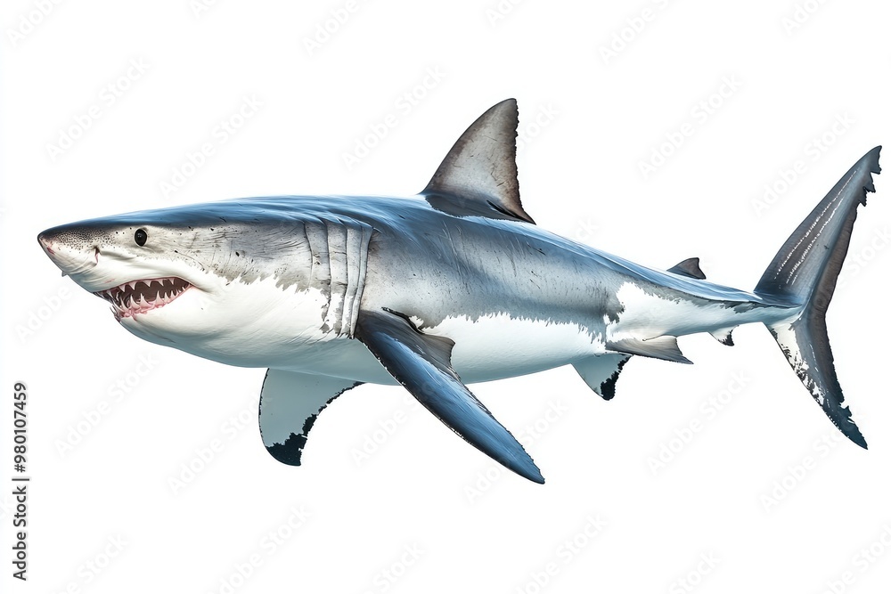 great white shark - Carcharodon carcharias - full view while swimming, face and teeth visible isolated on white background all fins and gills showing, ai great white shark - Carcharodon carcharias - full view while swimming, face and teeth visible isolated on white background all fins and gills showing, ai