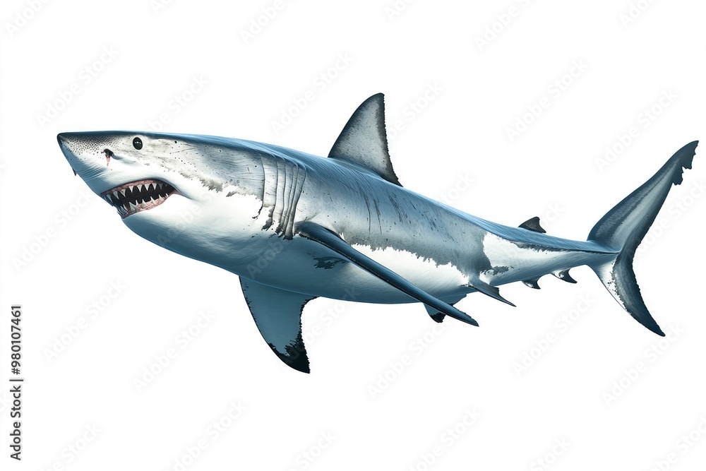 great white shark - Carcharodon carcharias - full view while swimming, face and teeth visible isolated on white background all fins and gills showing, ai great white shark - Carcharodon carcharias - full view while swimming, face and teeth visible isolated on white background all fins and gills showing, ai