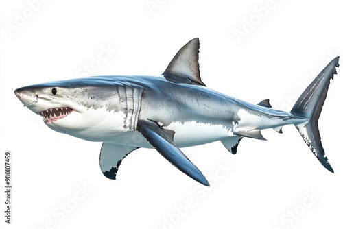 great white shark - Carcharodon carcharias - full view while swimming, face and teeth visible isolated on white background all fins and gills showing, ai