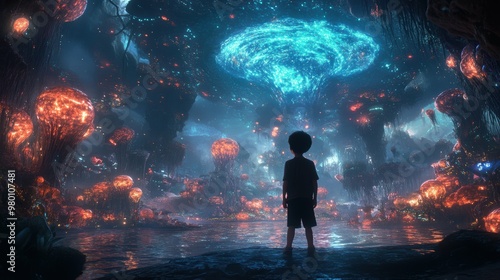 Discovering the Mystical Depths: Young Boy Adventuring among Bioluminescent Sea Creatures in Alien Landscapes