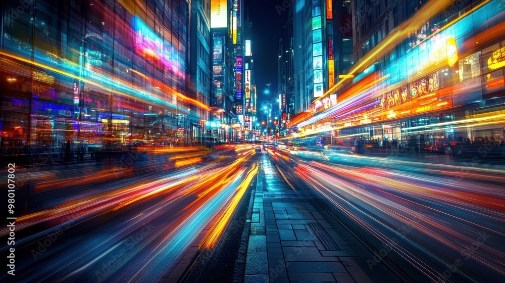 Mesmerizing long-exposure image of a lively city street at night with blurred multicolored lights streaking by suggesting the energy and excitement of an urban nightlife Mesmerizing long-exposure image of a lively city street at night with blurred multicolored lights streaking by suggesting the energy and excitement of an urban nightlife