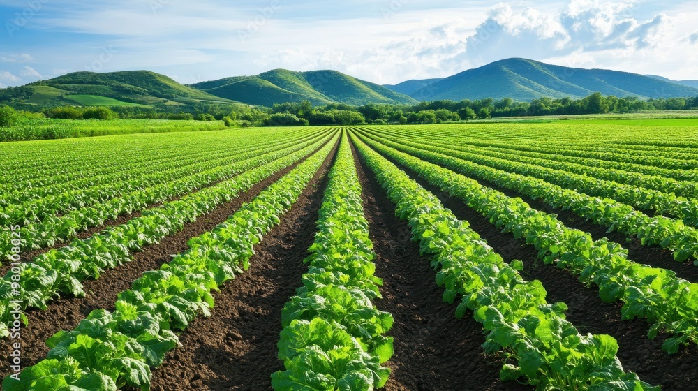 A wide agricultural field with rows of green crops, representing farming, cultivation, and sustainable agriculture in a rural landscape. A wide agricultural field with rows of green crops, representing farming, cultivation, and sustainable agriculture in a rural landscape.