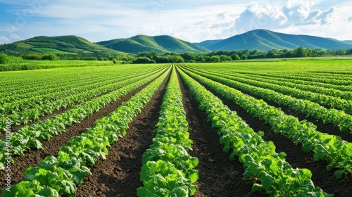 A wide agricultural field with rows of green crops, representing farming, cultivation, and sustainable agriculture in a rural landscape.