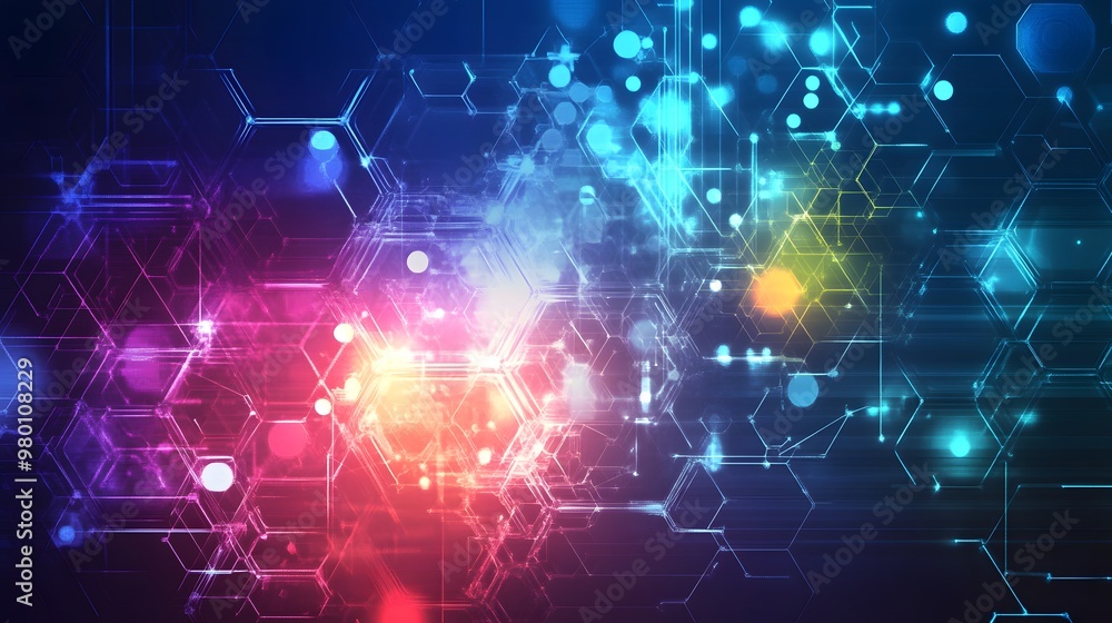 Abstract digital network with glowing hexagonal patterns and colorful light streaks Abstract digital network with glowing hexagonal patterns and colorful light streaks