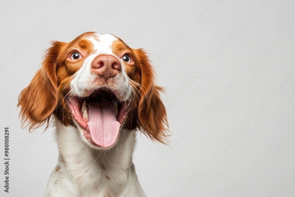 Happy brittany spaniel dog panting and sitting on a white background, ai Happy brittany spaniel dog panting and sitting on a white background, ai