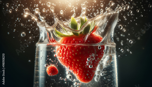 A vibrant strawberry splashes into clear water, capturing movement and freshness. photo