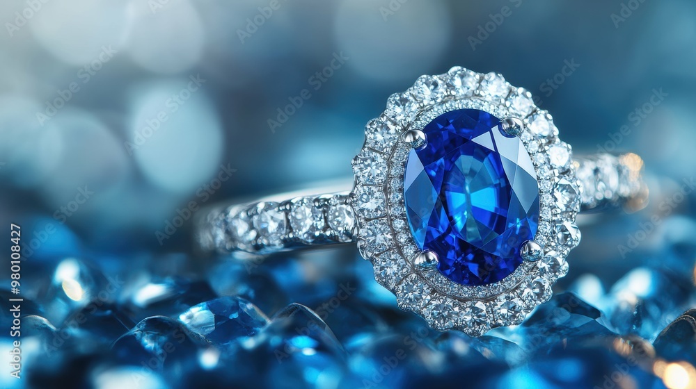 Opulent sapphire and diamond ring featuring a captivating oval-cut center stone surrounded by a halo of brilliant white diamonds with free copy space Opulent sapphire and diamond ring featuring a captivating oval-cut center stone surrounded by a halo of brilliant white diamonds with free copy space