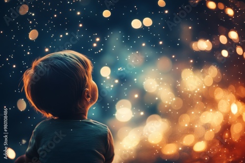 A young child watches a magical fireworks display, mesmerized by the bright lights against a backdrop of twinkling stars