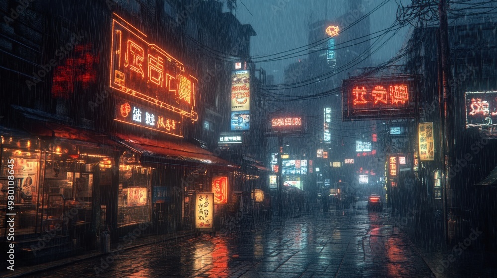 Obraz premium Cyberpunk City Streets with Neon Lights and Rainy Foggy Atmosphere