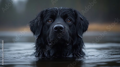 A black dog swimming in calm water, gazing intently.