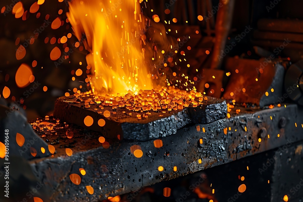 Blacksmith workshop, melting metal with sparks Blacksmith workshop, melting metal with sparks
