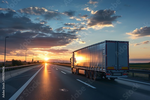 Big truck semi trailer moves on the highway at sunset