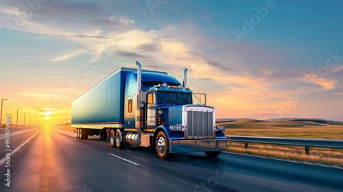 Blue powerful big rig semi truck on the highway at sunset