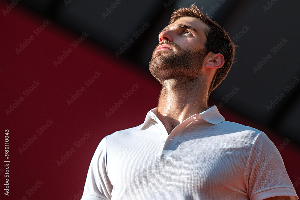 Obraz premium a caucasian male tennis player in a classic white polo shirt, serving on a clay court