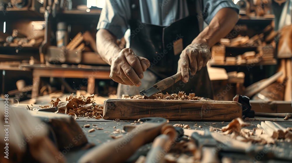Carpenter working on wood in his carpentry workshop. Close up Carpenter working on wood in his carpentry workshop. Close up