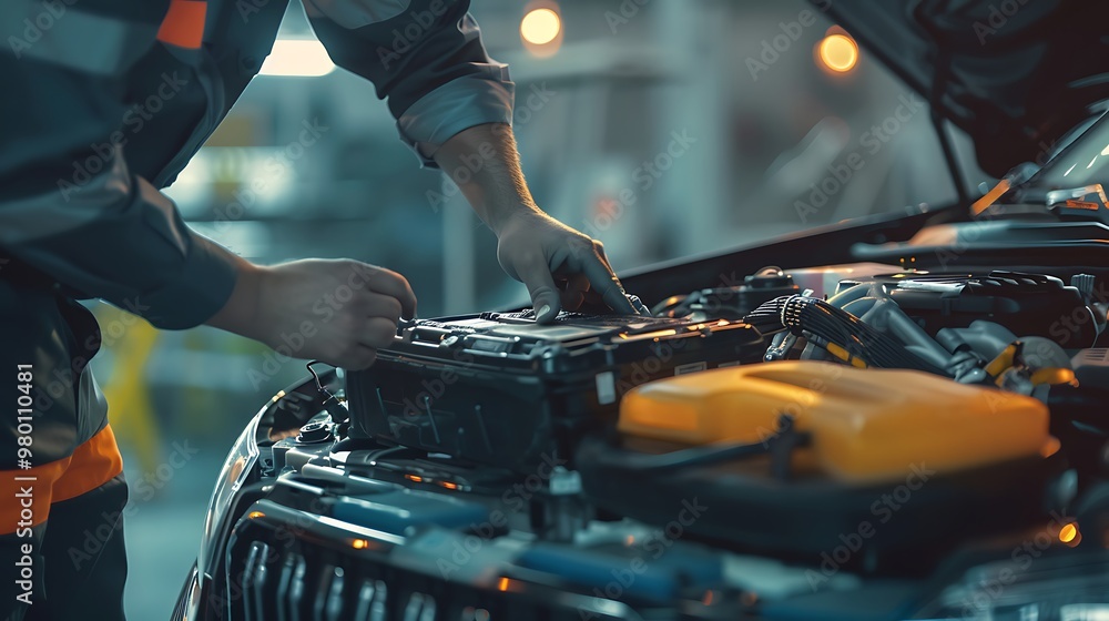 Closeup of the hands of a technician who is repairing a car Closeup of the hands of a technician who is repairing a car