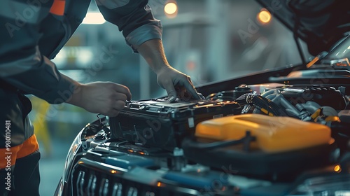 Closeup of the hands of a technician who is repairing a car