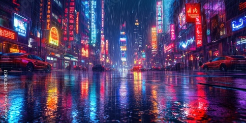 Cyberpunk City Streets with Neon Lights and Rainy Foggy Atmosphere