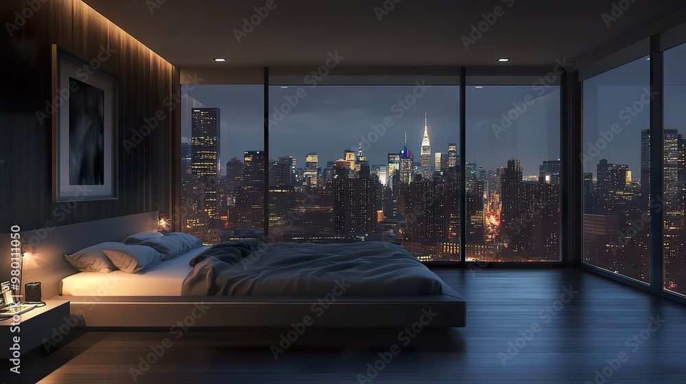 Minimalist bedroom with a sleek grey platform bed, soft lighting, and a large window offering a city skyline view. Minimalist bedroom with a sleek grey platform bed, soft lighting, and a large window offering a city skyline view.
