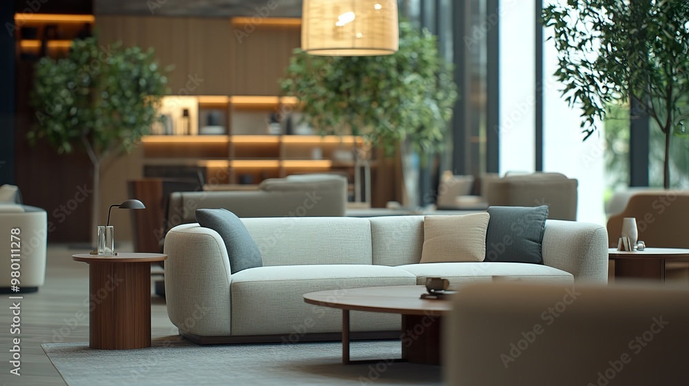 Modern furniture showroom with a variety of stylish sofas and elegant side tables, bathed in soft, natural lighting. Modern furniture showroom with a variety of stylish sofas and elegant side tables, bathed in soft, natural lighting.